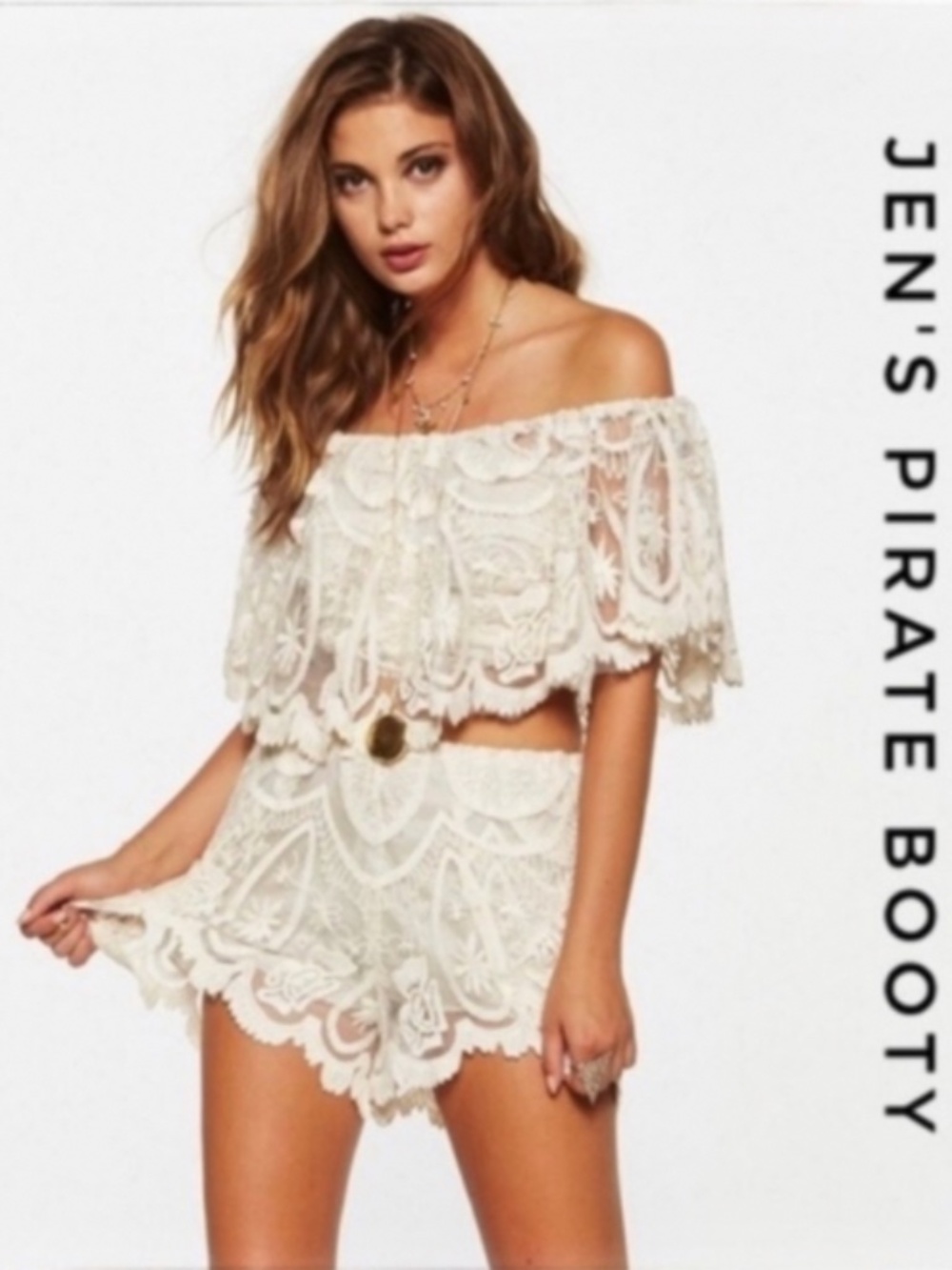 $200 New Jen’s Pirate Booty Light Green Floral Lace Off Shoulder Crop Top Small